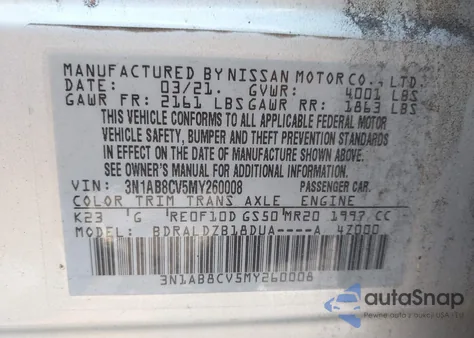 2021 Nissan Sentra Sv Xtronic Cvt z USA, uszkodzony, nr VIN 3N1AB8CV5MY260008